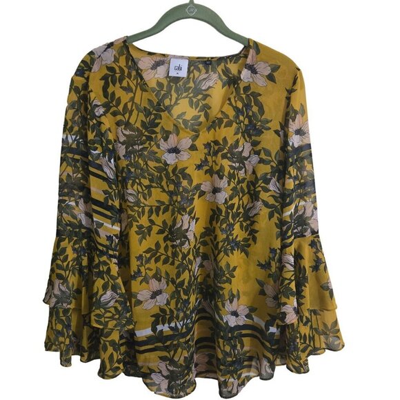 Cabi Spring Scene Mustard Floral Bell Sleeve Sheer Blouse Size M - Picture 2 of 7